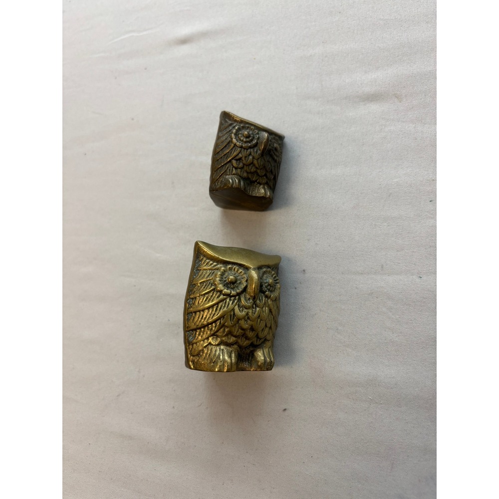 Vintage Solid Brass Owl Figurines Set of 2 Mid Century Modern Boho Decor Gold